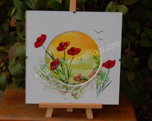 peinture encaustique coquelicots, sous verre 20x20cm SV02