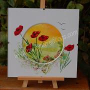 peinture encaustique coquelicots, sous verre 20x20cm SV02