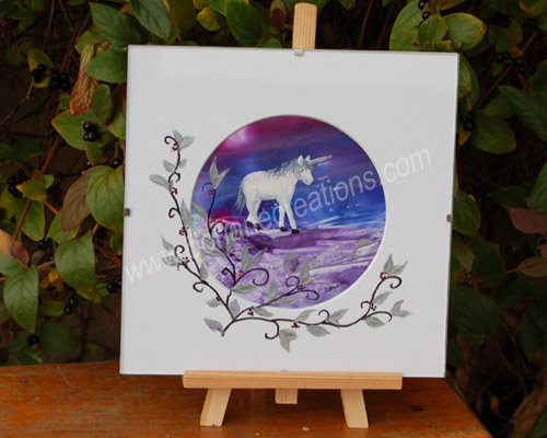 peinture encaustique licorne 2 sous verre 20x20cm SV09