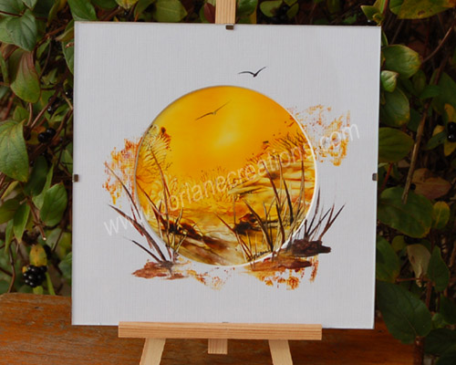 peinture encaustique paysage couché de soleil, sous verre 20x20cm SV05