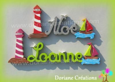 Prénom lettres bois avec phare et bateaux
