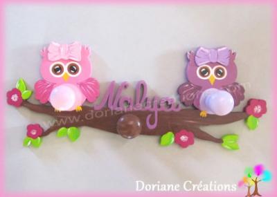 Portemanteau bois deco chouette avec prenom fille