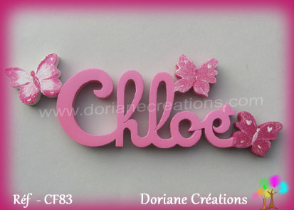 Prenom en bois chloe papillons roses