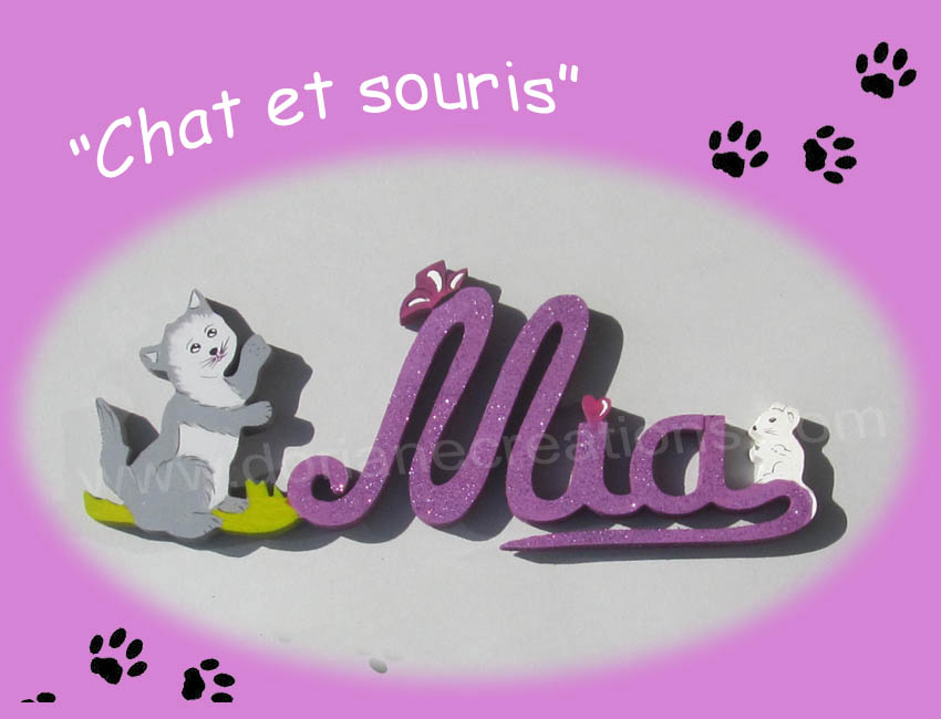 Prenom en bois mia chat et souris