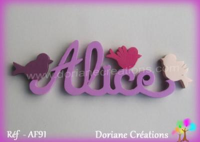 Prenom lettres bois alice avec oiseaux